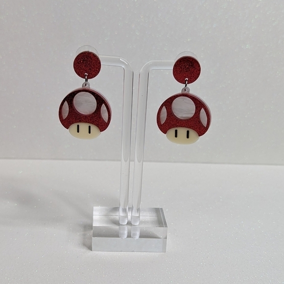 Toad Mario Bros Mushroom Red Glitter Acrylic Drop Earrings - Picture 2 of 6